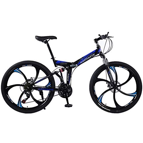Folding Bike : JLFSDB Mountain Bike / Bicycles 26'' Wheel Foldable Carbon Steel Frame 21 / 24 / 27 Speeds Disc Brake Dual Suspension (Color : Blue, Size : 24speed)