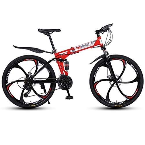 Folding Bike : JLFSDB Mountain Bike, Foldable Bicycles, Carbon Steel Frame, Dual Suspension And Dual Disc Brake, MTB Bike, 26inch Wheels (Color : Red, Size : 24-speed)