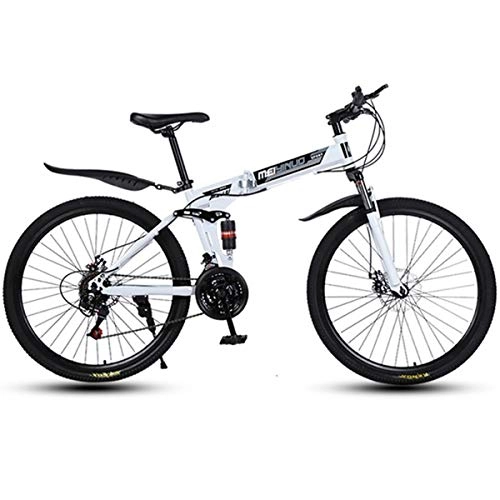 Folding Bike : JLFSDB Mountain Bike, Foldable Bicycles, Carbon Steel Frame, Full Suspension Dual Disc Brake, 26inch Spoke Wheels (Color : White, Size : 21-speed)