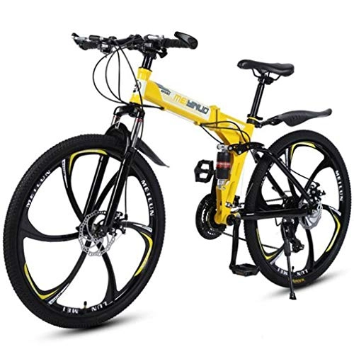 Folding Bike : JLFSDB Mountain Bike Foldable Mountain Bicycles 26'' Unisex Lightweight Carbon Steel Frame 21 / 24 / 27 Speed Disc Brake Full Suspension (Color : Yellow, Size : 21speed)