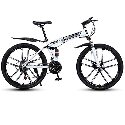 Folding Bike : JLFSDB Mountain Bike, Foldable Mountain Bicycles, Lightweight MTB Bike, With Dual Suspension And Dual Disc Brake (Color : White, Size : 21-speed)