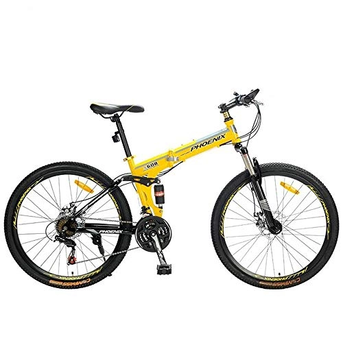 Folding Bike : JLFSDB Mountain Bike, Foldable Unisex Mountain Bicycles, Carbon Steel Frame, Dual Suspension Dual Disc Brake, 26 Inch Wheel, 21 Speed (Color : Yellow)