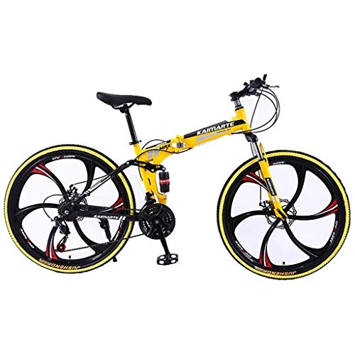 Folding Bike : JLFSDB Mountain Bike Foldable Women / Men Mountain Bicycle 21 / 24 / 27 Speeds 26"Carbon Steel Frame Full Suspension (Color : Yellow, Size : 24speed)