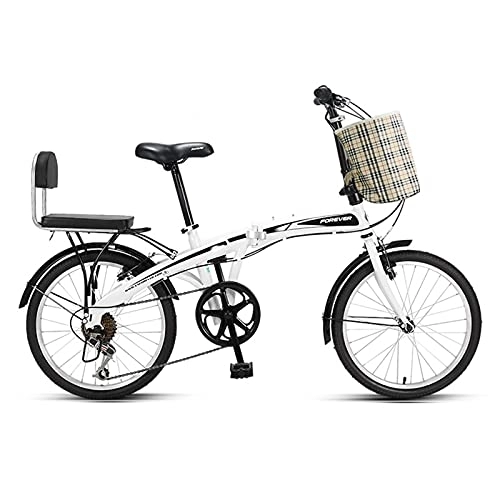 Folding Bike : Jrechio 20-inch Bicycle Unisex 7-speed Folding Commuter Bike with Basket and Back Seat Essential for The Car Trunk (Color : White) sunyangde