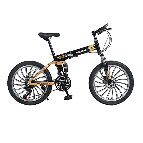 Folding Bike : Jrechio 20 Inch Folding Bike 7-speed Student Mountain Bike with Front and Rear Mechanical Brakes for Boys and Girls (Color : Gold) sunyangde