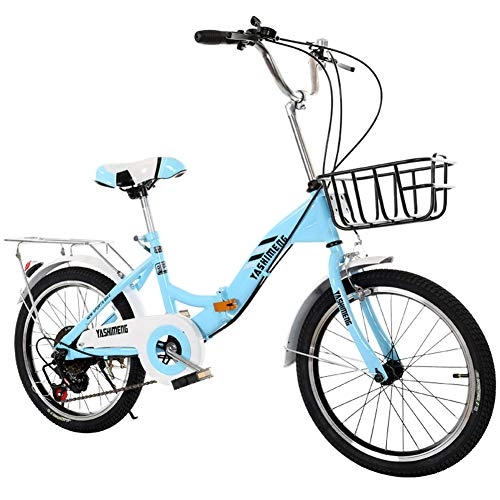 Folding Bike : JTYX Folding Bicycles Children Students Mini Portable Women Work Bike Shifting Folding Bikes with Taillights Basket Luggage Rack Adjustable Seats, 20 Inches / 22 Inches