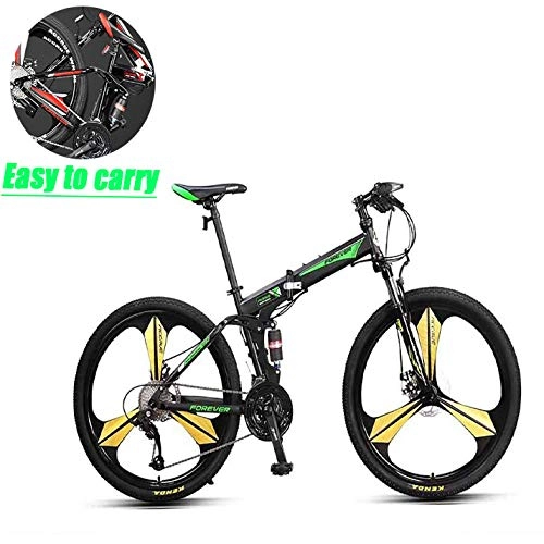 Folding Bike : June 26 Inch Mountain Folding Bike Adult Double Shock Absorber Soft Tail 27 Speeds For Off Road Bicycles, Disc Brake And Fork Suspension, Green, Green