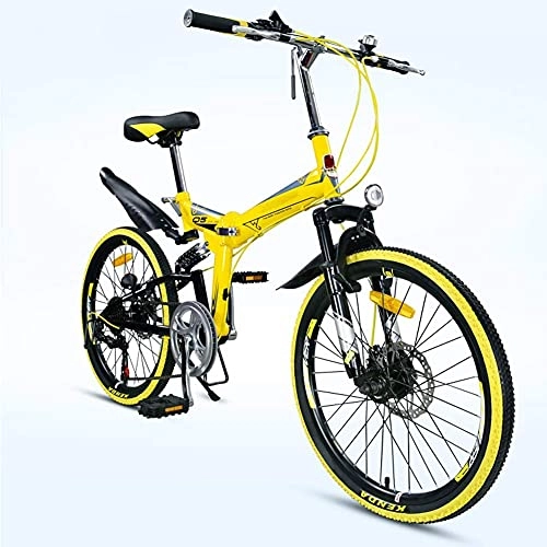 Folding Bike : JYTFZD WENHAO Folding 7 Speed Mountain Bike for Adults Unisex Women Teens, bicycle Mens City unilateral Folding Pedals, lightweight, aluminum Alloy, comfort Saddle with Adjustable Seat (Color : Yellow)