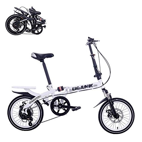 Folding Bike : JYTFZD WENHAO Folding Adult Bicycle, 14 / 16-inch Portable Bicycle, 6-speed Speed Regulation, Dual Disc Brakes, Adjustable Seat, Quick Folding Shock-absorbing Commuter Bike (Color : White)