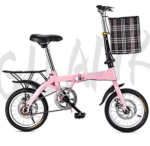 Folding Bike : JYTFZD WENHAO Folding Bikes, 20" Lightweight Folding City Bicycle Bike Double Disc Brake with front basket and rear tailstock (Color : Pink)
