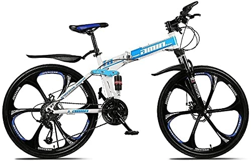 Folding Bike : JZTOL 26 Inch Full Suspension Mountain Bike 21 / 24 / 27 / 30 Speed Double Shock Absorber One Wheel Folding High Carbon Steel Double Disc Brake Bicycle (Color : A2, Size : 21 Speed)