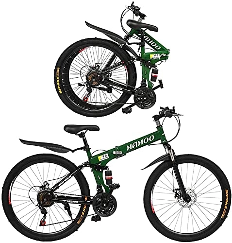 Folding Bike : JZTOL 26 Inch Mountain Bike Folding Bikes Cruiser Bicycles Non-Slip Bike With 21 Speed，Dual Disc Brakes Full Suspension For Adults Men & Women (Color : Green)