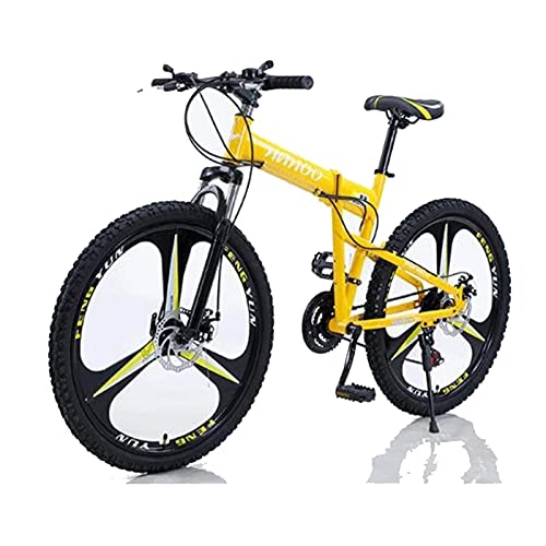 Folding Bike : JZTOL 26 Inch Mountain Bike Folding Bikes Cruiser Bicycles Non-Slip Bike With 21 Speed，Dual Disc Brakes Full Suspension For Adults Men & Women (Color : Yellow)