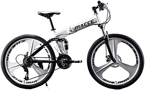 Folding Bike : JZTOL 26 Inch Mountain Bike Folding Bikes Cruiser Bicycles With 21 Speed Shifter，Dual Disc Brakes Full Suspension，Three-Knife Wheel For Adults Men & Women (Color : White)