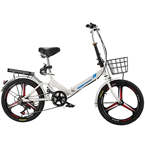 Folding Bike : KANULAN Mountain Bike White Bicycle Running On The Highway, With Back Seat And Basket, Lightweight And Stylish Variable Speed, Folding Bike Shock Absorbing T