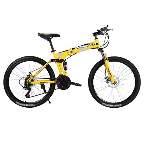Folding Bike : Kashyk 26 inch mountain bike Fully, carbon steel MTB, suitable from 160 cm - 185 cm, front and rear disc brakes, 21 speed gears, full suspension, boys and men's bicycle (foldable yellow)