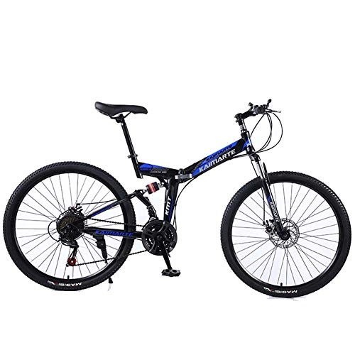 Folding Bike : KASIQIWA Mountain Speed Folding Bike, 26 Inch Wheel Front and Rear Shock Absorbing Dual Disc Brake Carbon Steel Off-road Bicycle, Blue, spokewheel
