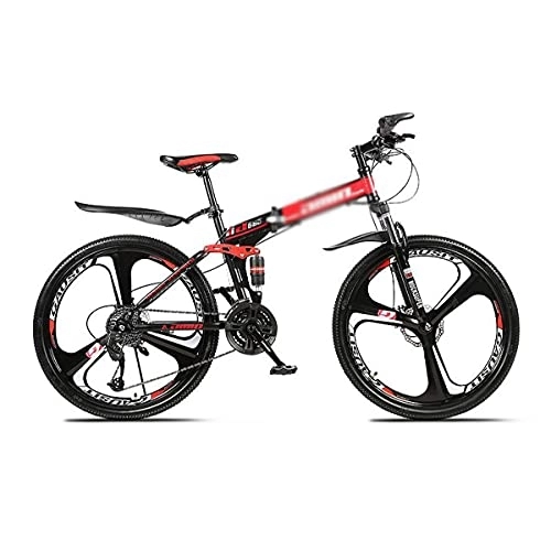Folding Bike : Kays 26 Inch Folding Mountain Bike High Carbon Steel Full Suspension MTB Bicycle For Adult Double Disc Brake Outroad Mountain Bicycle For Men Woman Adult And Teens(Size:27 Speed, Color:Red)