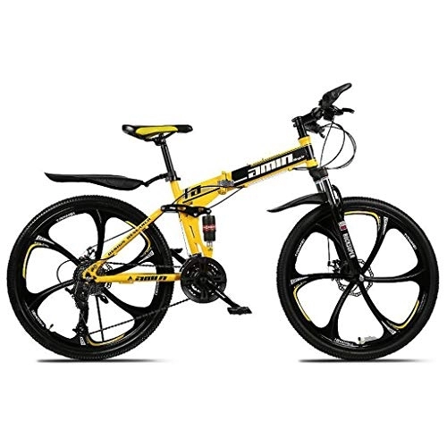 Folding Bike : Kays Mountain Bike, 26 Inch Foldable Bicycles 21 / 24 / 27 Speeds Women / Men MTB Lightweight Carbon Steel Frame Full Suspension (Color : Yellow, Size : 21speed)