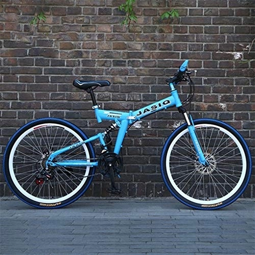 Folding Bike : Kays Mountain Bike, 26 Inch Foldable Hardtail Bike, Carbon Steel Frame, 21 Speed, Full Suspension And Dual Disc Brake (Color : Blue)