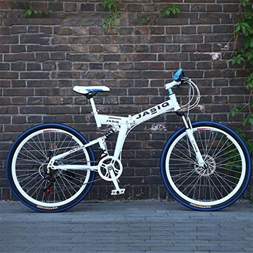 Folding Bike : Kays Mountain Bike, 26 Inch Foldable Hardtail Bike, Carbon Steel Frame, 21 Speed, Full Suspension And Dual Disc Brake (Color : White)