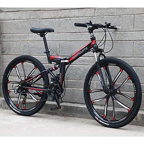 Folding Bike : Kays Mountain Bike, 26 Inch Unisex Foldable Mountain Bicycles Lightweight Carbon Steel Frame 21 / 24 / 27 Speeds Full Suspension (Color : Black, Size : 21speed)