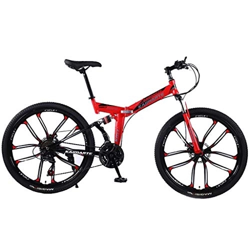 Folding Bike : Kays Mountain Bike, 26 Inch Unisex Foldable Mountain Bicycles Lightweight Carbon Steel Frame 21 / 24 / 27 Speeds Full Suspension (Color : Red, Size : 24speed)