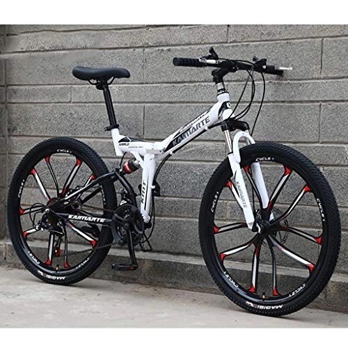 Folding Bike : Kays Mountain Bike, 26 Inch Unisex Foldable Mountain Bicycles Lightweight Carbon Steel Frame 21 / 24 / 27 Speeds Full Suspension (Color : White, Size : 27speed)