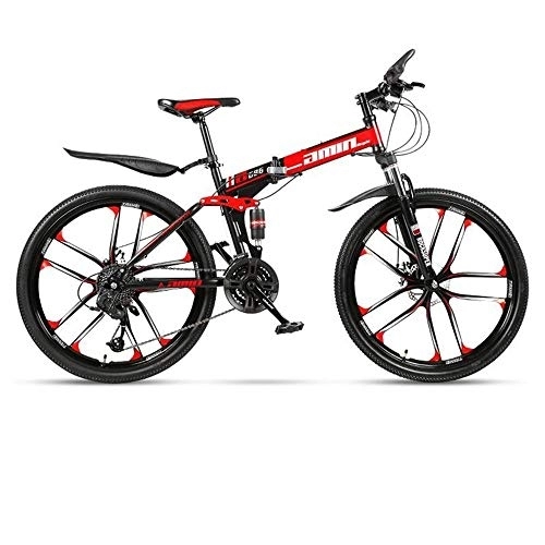 Folding Bike : Kays Mountain Bike, Folding Men / Women Hardtail Bike, Carbon Steel Frame Full Suspension Dual Disc Brake, 26 Inch Wheels (Color : Red, Size : 21 Speed)