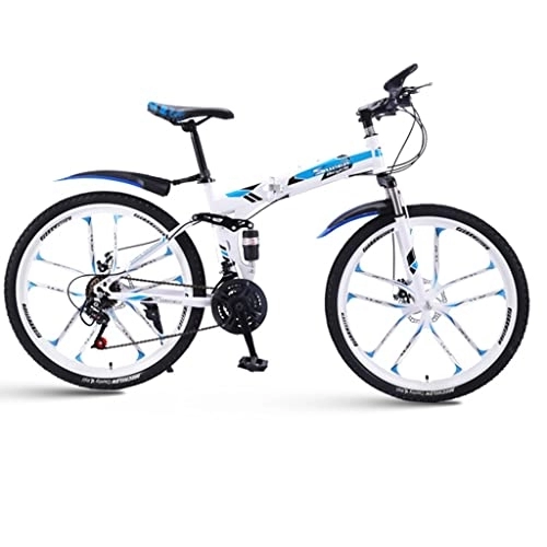 Folding Bike : KDHX Mountain Bike with 26 Inch Wheels 30 Speed Foldable Bicycle High Carbon Steel Frame Soft Tail Frame Disc Brake System for Adults and Youth (Color : White blue)