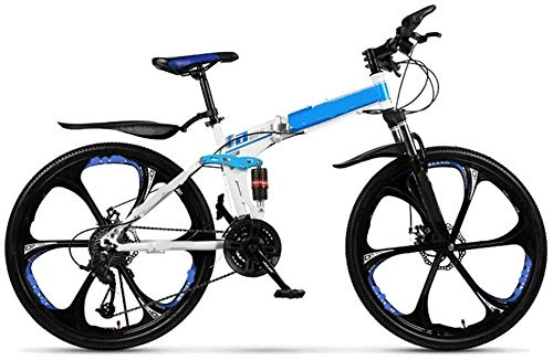 Folding Bike : KEMANDUO Mountain Bike, Double Shock Absorption / Folding / High Carbon Steel Variable Speed / 6 Mowing Wheel, 172 * 106Cm, Yellow / Blue / Red, 26 Inch, Blue