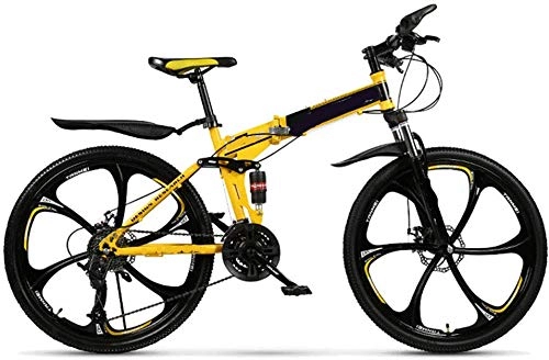 Folding Bike : KEMANDUO Mountain Bike, Double Shock Absorption / Folding / High Carbon Steel Variable Speed / 6 Mowing Wheel, 172 * 106Cm, Yellow / Blue / Red, 26 Inch, Yellow
