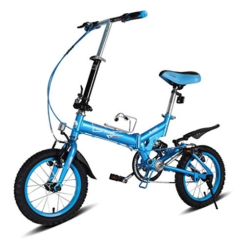 Folding Bike : Kids Folding Bikes, 14 Inch Mini Folding Mountain Bike, High-carbon Steel Lightweight Portable Foldable Bicycle, Suspension Bike, White FDWFN (Color : Blue)