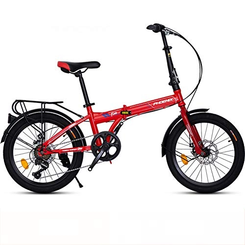 Folding Bike : KKLTDI 7 Speed Folding Bike, 20 Inch Fat Tire Ultra-light Adjustable Seat Road Bicycle, High-carbon Steel City Bicycle, For Unisex Student Red 20 Inches