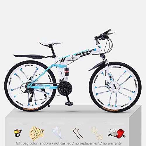 Folding Bike : KNFBOK bikes for adults Mountain bike adult 21 speed thick steel frame folding bicycle 26 inch double shock off-road boys and girls White and blue ten-knife wheel