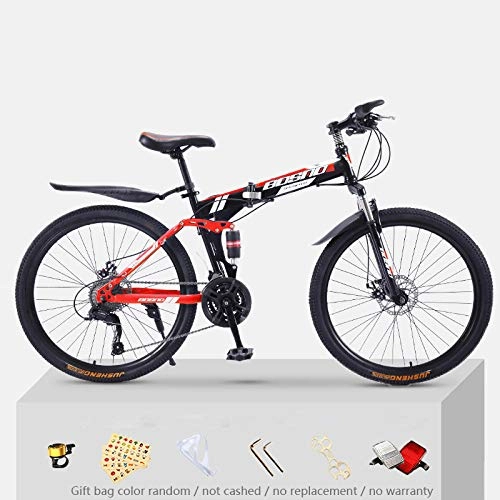 Folding Bike : KNFBOK cyclocross bike Mountain bike adult 21 speed thick steel frame folding bicycle 26 inch double shock off-road boys and girls Black and red spoke wheel