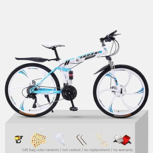 Folding Bike : KNFBOK cyclocross bike Mountain bike adult 21 speed thick steel frame folding bicycle 26 inch double shock off-road boys and girls White and blue six-knife wheel