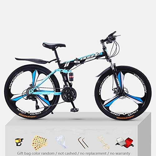 Folding Bike : KNFBOK ladies mountain bike Mountain bike adult 21 speed thick steel frame folding bicycle 26 inch double shock off-road boys and girls Black and blue three-knife wheel