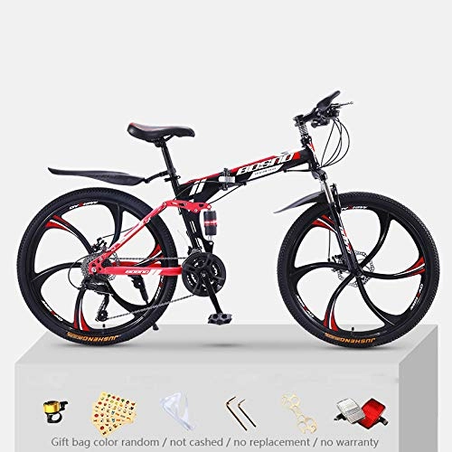Folding Bike : KNFBOK ladies mountain bike Mountain bike adult 21 speed thick steel frame folding bicycle 26 inch double shock off-road boys and girls Black and red six-knife wheel