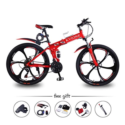 Folding Bike : KVIONE E9 26 Inches Mountain Bike Men Folding Bicycle 21 Speed MTB 26 Inches Wheels High-carbon Frame with Disc Brake (Red)