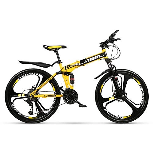 Folding Bike : KXDLR 26" 3-Spokewheels Mountain Bike Daul Disc Brakes 24 Speed Mens Bicycle Dual Suspension Bike, Yellow