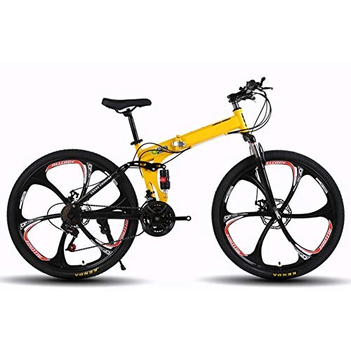 Folding Bike : KXDLR 26Inch Mountain Bike, Folding Bicycles, Full Suspension And Dual Disc Brake, Carbon Steel Frame 27-Speed Bike, Yellow