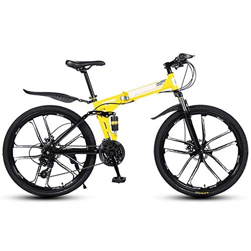 Folding Bike : KXDLR Folding Bike 24 Speed Mountain Bike 26 Inches Off-Road Wheels Dual Suspension Bicycle High Carbon Steel Frames, Yellow