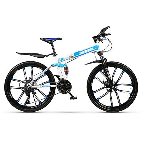 Folding Bike : KXDLR Folding Mountain Bike 27 Speed Full Suspension Mtb Daul Disc Brake Bicycle 26" Unisex, Blue