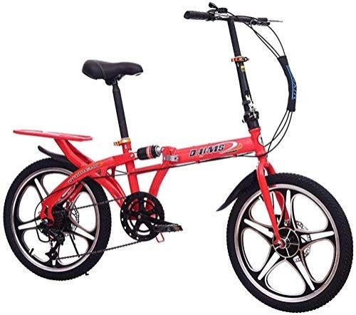 Folding Bike : L.HPT 20 Inch Folding Bicycle - Shock Absorption Double Disc Brakes Shift One Wheel Male And Female Students Adult Bicycle, Black (Color : Red)
