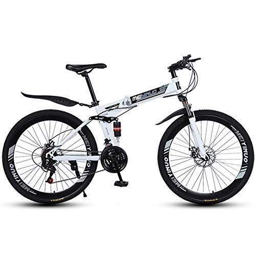 Folding Bike : L-SLWI 26 Inch Mountain Damping Bicycle Variable Speed Folding Student Bicycle Adult Bicycle Mountain Bike, 27 Speed, 40 Spoke Tires, White
