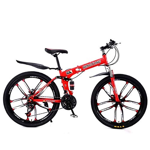 Folding Bike : L-SLWI Adult Folding Mountain Bike, Adult, Student Speed Cross-Country Double Shock-Absorbing Bicycle, 24 / 26 Inches, Bicycle with 10 Cutter Wheel, White, Red, 26 inches
