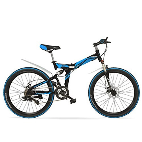 Folding Bike : LANKELEISI K660M 24 inch Folding MTB Bike, 21 Speed folding bicycle, Lockable Fork, Front & Rear Suspension, Both Disc Brake, Mountain Bike (Black Blue, 24 Inches)