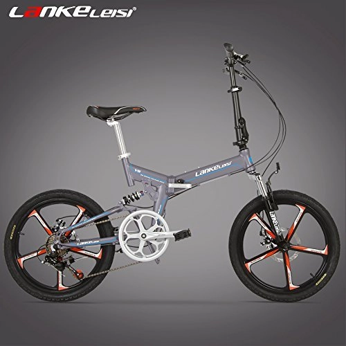 Folding Bike : LANKELEISI V8 20 Inches Folding Bicycle, Integrated Magnesium Alloy Rim, Both Disc Brakes, Speed Control System, 7 Speed (Gray)