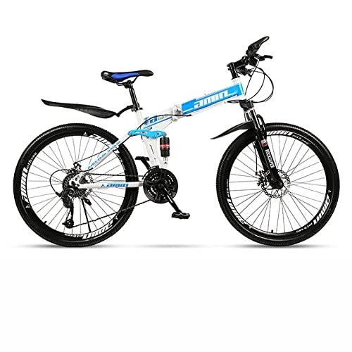 Folding Bike : LapooH Folding Mountain Bike Bicycle 26 Inch Adult with 21 / 24 / 27 / 30 Speed Dual Disc Brakes Full Suspension Non-Slip Men Women Outdoor Cycling, Blue, 21 speed